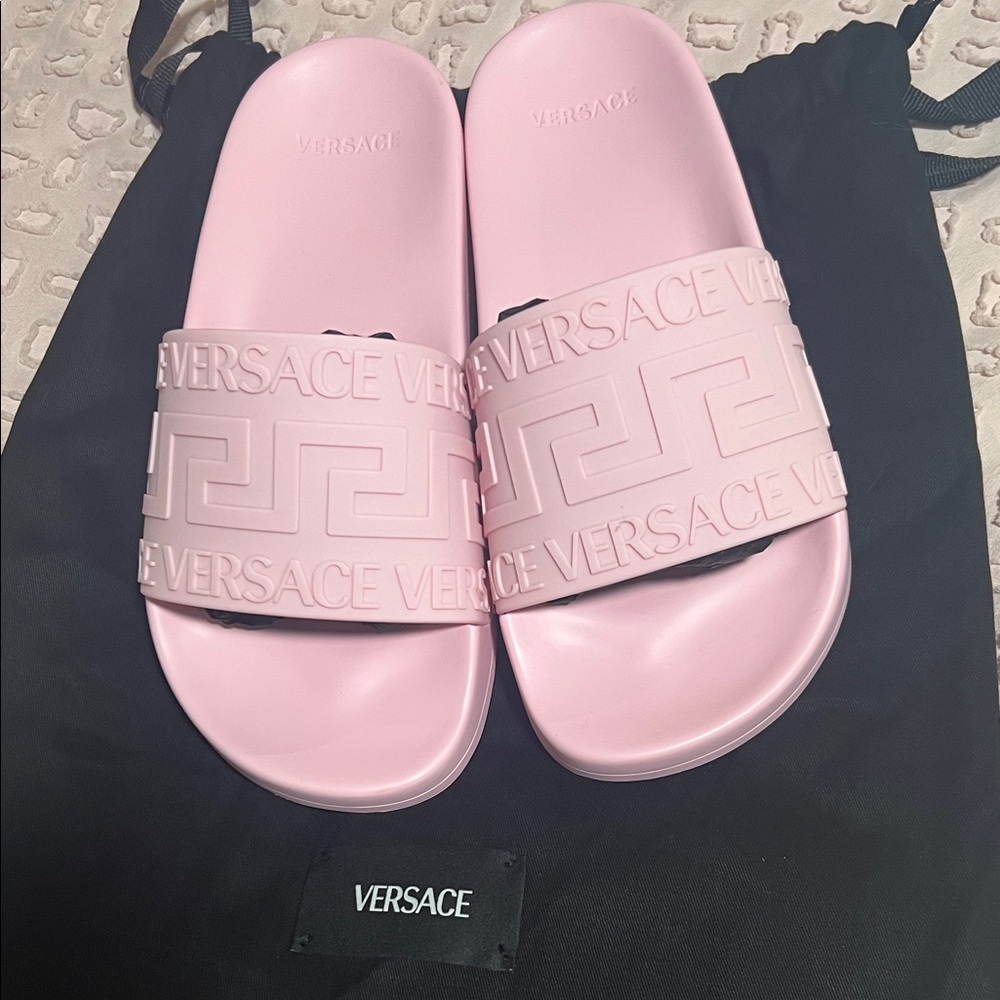 Versace Light Pink Embossed Slides - Picture 5 of 5